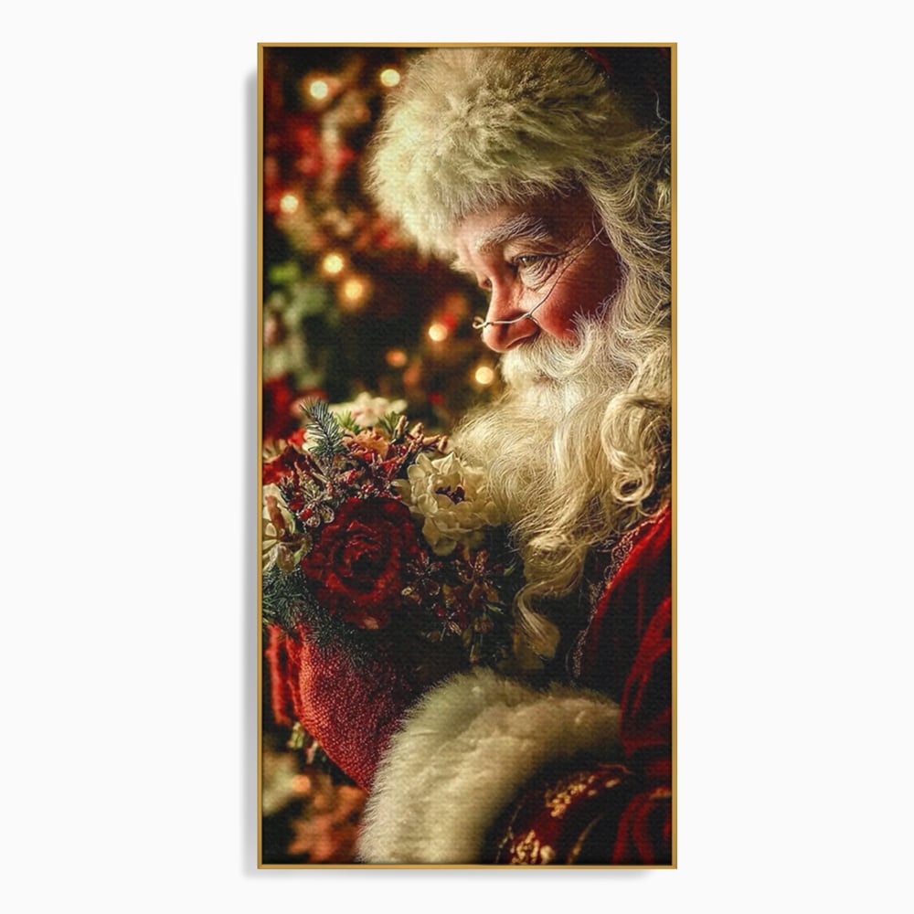 Tablou Canvas Premium, LuxCanva® D1139, Moment de Liniste cu Mos Craciun, Iarna, Ajun, Craciun, Mos, Rosu, Flori, Generozitate, Traditie, Blana, Alb, Barba, Trandafiri, Living, Dormitor