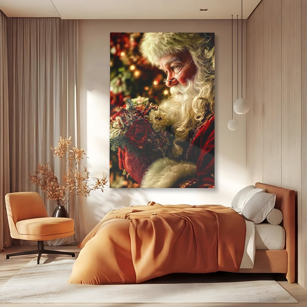 Tablou Canvas Premium, LuxCanva® D1139, Moment de Liniste cu Mos Craciun, Iarna, Ajun, Craciun, Mos, Rosu, Flori, Generozitate, Traditie, Blana, Alb, Barba, Trandafiri, Living, Dormitor