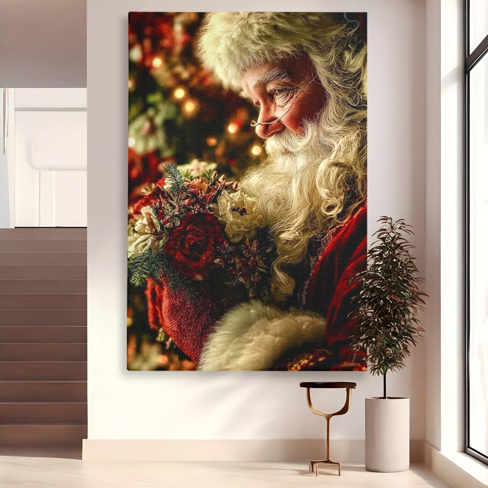Tablou Canvas Premium, LuxCanva® D1139, Moment de Liniste cu Mos Craciun, Iarna, Ajun, Craciun, Mos, Rosu, Flori, Generozitate, Traditie, Blana, Alb, Barba, Trandafiri, Living, Dormitor