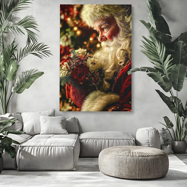 Tablou Canvas Premium, LuxCanva® D1139, Moment de Liniste cu Mos Craciun, Iarna, Ajun, Craciun, Mos, Rosu, Flori, Generozitate, Traditie, Blana, Alb, Barba, Trandafiri, Living, Dormitor