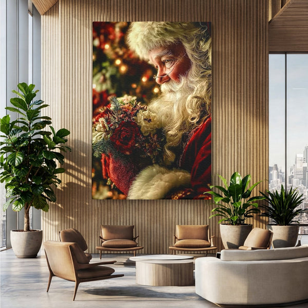 Tablou Canvas Premium, LuxCanva® D1139, Moment de Liniste cu Mos Craciun, Iarna, Ajun, Craciun, Mos, Rosu, Flori, Generozitate, Traditie, Blana, Alb, Barba, Trandafiri, Living, Dormitor