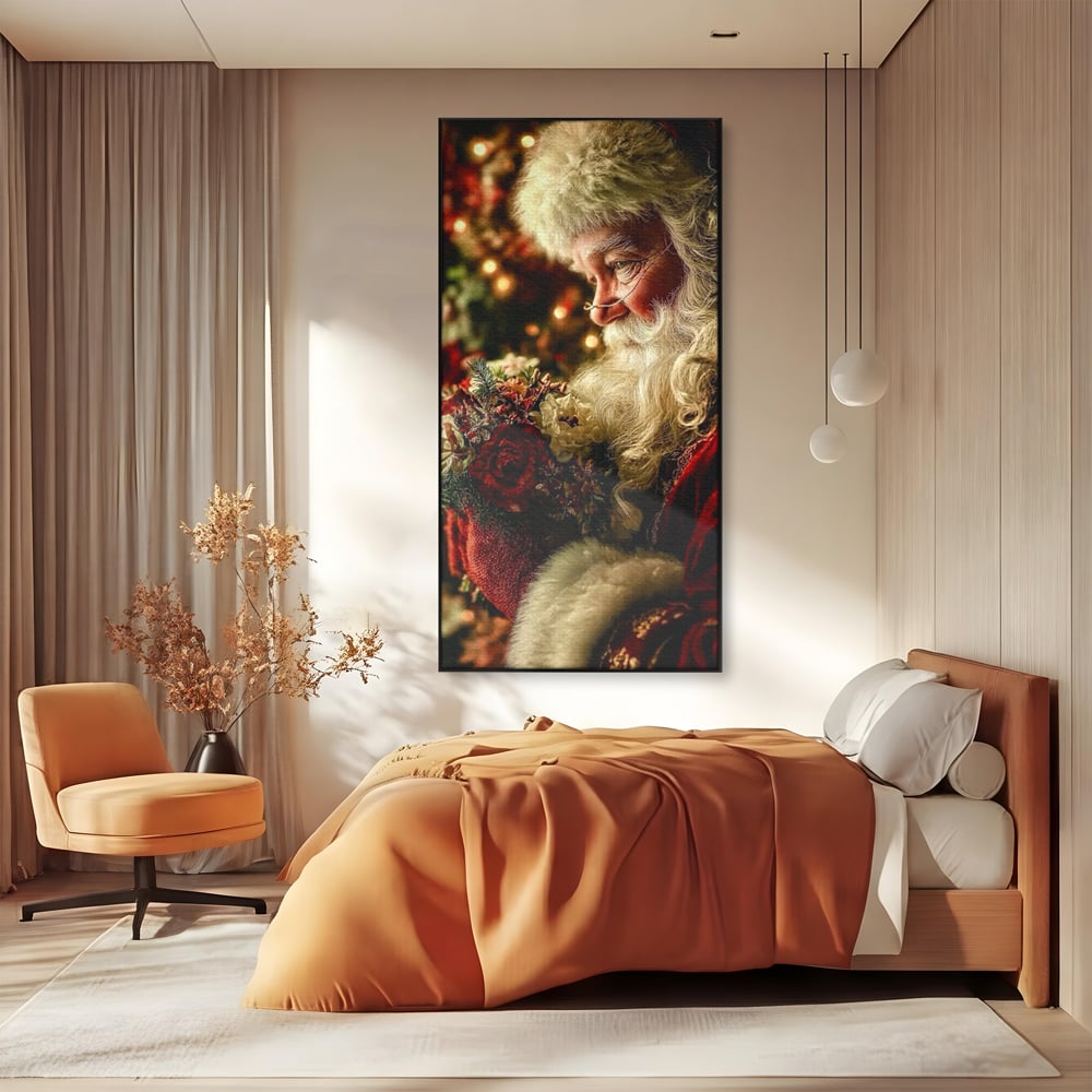 Tablou Canvas Premium, LuxCanva® D1139, Moment de Liniste cu Mos Craciun, Iarna, Ajun, Craciun, Mos, Rosu, Flori, Generozitate, Traditie, Blana, Alb, Barba, Trandafiri, Living, Dormitor