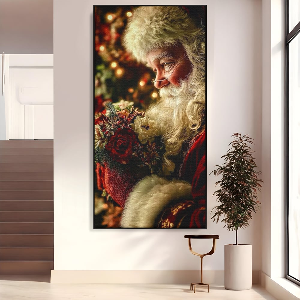 Tablou Canvas Premium, LuxCanva® D1139, Moment de Liniste cu Mos Craciun, Iarna, Ajun, Craciun, Mos, Rosu, Flori, Generozitate, Traditie, Blana, Alb, Barba, Trandafiri, Living, Dormitor