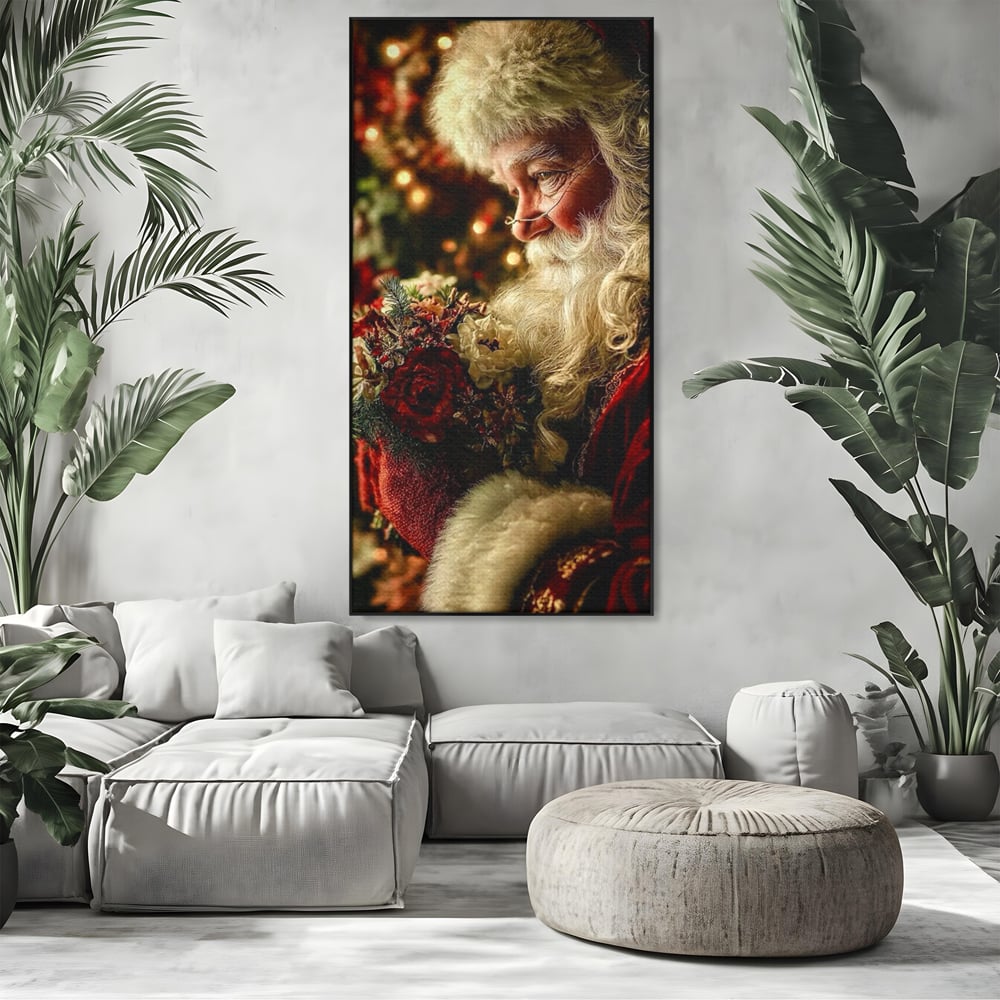 Tablou Canvas Premium, LuxCanva® D1139, Moment de Liniste cu Mos Craciun, Iarna, Ajun, Craciun, Mos, Rosu, Flori, Generozitate, Traditie, Blana, Alb, Barba, Trandafiri, Living, Dormitor