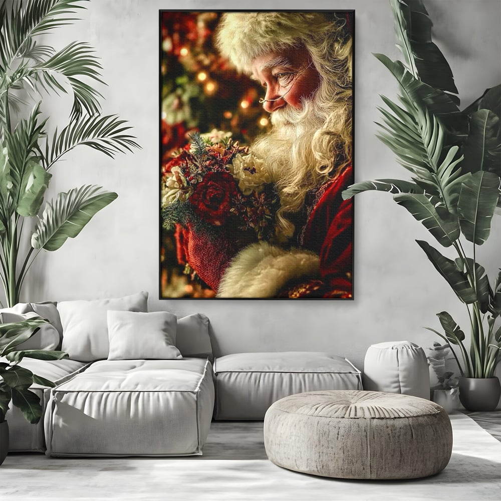 Tablou Canvas Premium, LuxCanva® D1139, Moment de Liniste cu Mos Craciun, Iarna, Ajun, Craciun, Mos, Rosu, Flori, Generozitate, Traditie, Blana, Alb, Barba, Trandafiri, Living, Dormitor