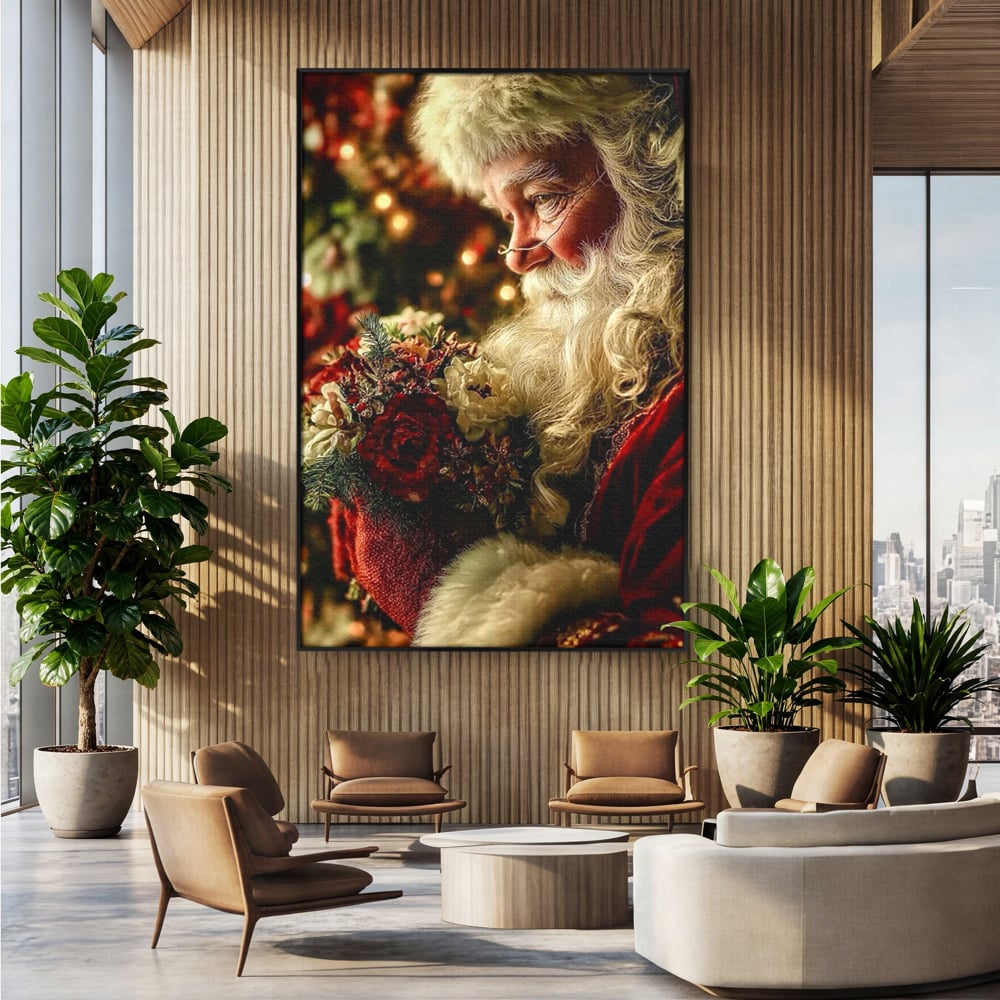 Tablou Canvas Premium, LuxCanva® D1139, Moment de Liniste cu Mos Craciun, Iarna, Ajun, Craciun, Mos, Rosu, Flori, Generozitate, Traditie, Blana, Alb, Barba, Trandafiri, Living, Dormitor