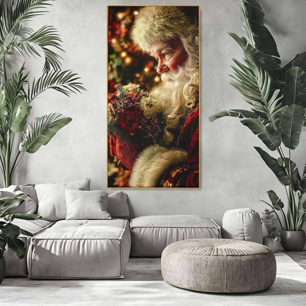 Tablou Canvas Premium, LuxCanva® D1139, Moment de Liniste cu Mos Craciun, Iarna, Ajun, Craciun, Mos, Rosu, Flori, Generozitate, Traditie, Blana, Alb, Barba, Trandafiri, Living, Dormitor