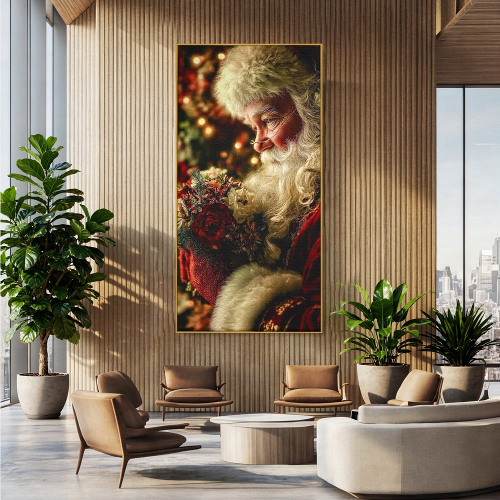 Tablou Canvas Premium, LuxCanva® D1139, Moment de Liniste cu Mos Craciun, Iarna, Ajun, Craciun, Mos, Rosu, Flori, Generozitate, Traditie, Blana, Alb, Barba, Trandafiri, Living, Dormitor