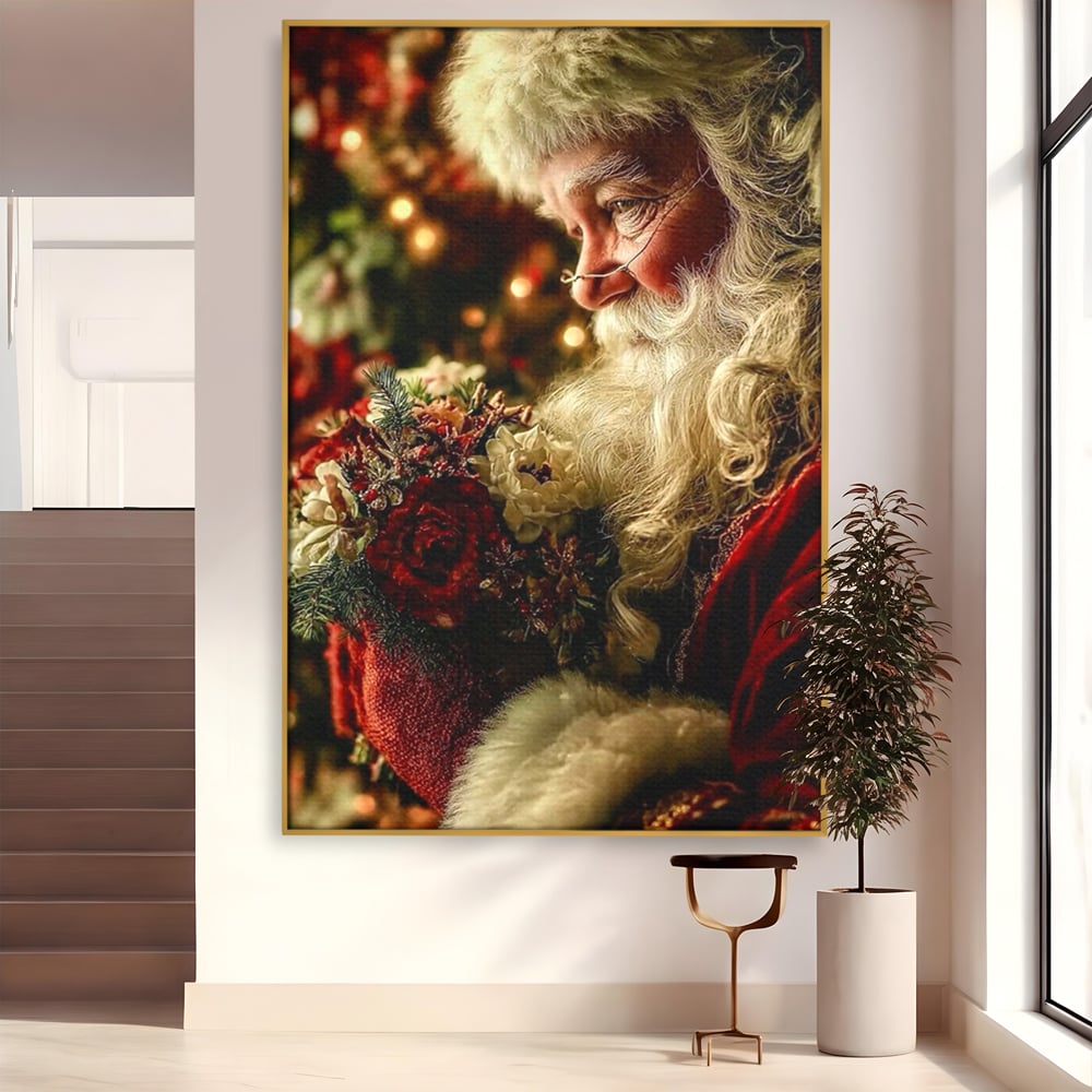 Tablou Canvas Premium, LuxCanva® D1139, Moment de Liniste cu Mos Craciun, Iarna, Ajun, Craciun, Mos, Rosu, Flori, Generozitate, Traditie, Blana, Alb, Barba, Trandafiri, Living, Dormitor