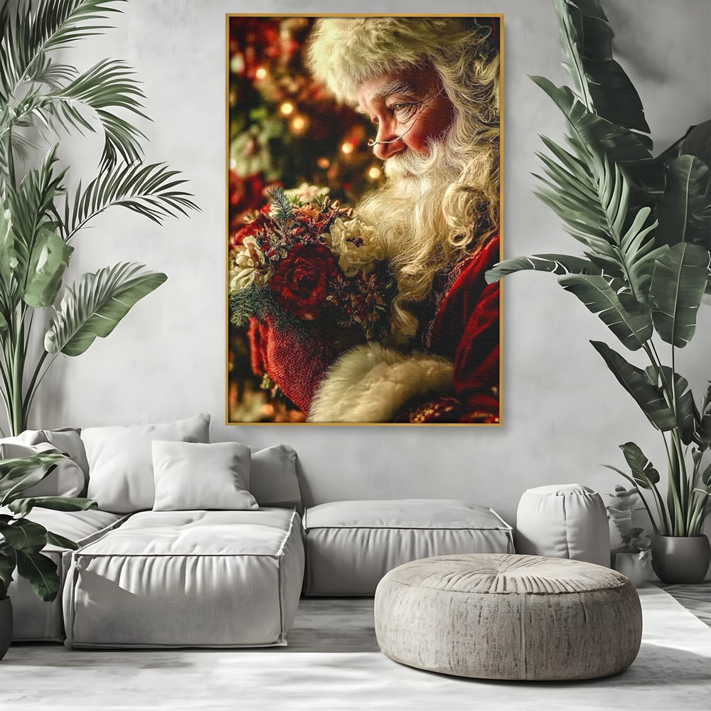 Tablou Canvas Premium, LuxCanva® D1139, Moment de Liniste cu Mos Craciun, Iarna, Ajun, Craciun, Mos, Rosu, Flori, Generozitate, Traditie, Blana, Alb, Barba, Trandafiri, Living, Dormitor