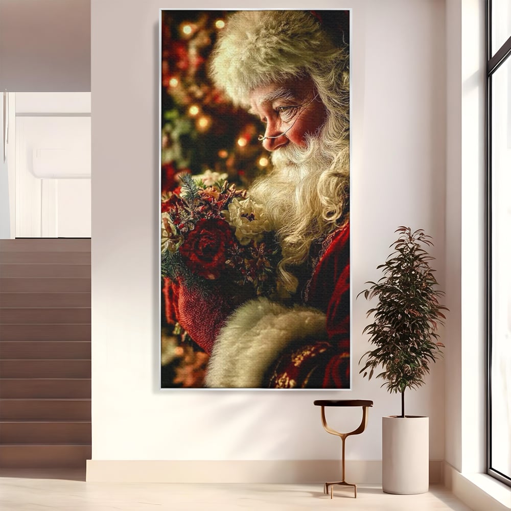 Tablou Canvas Premium, LuxCanva® D1139, Moment de Liniste cu Mos Craciun, Iarna, Ajun, Craciun, Mos, Rosu, Flori, Generozitate, Traditie, Blana, Alb, Barba, Trandafiri, Living, Dormitor