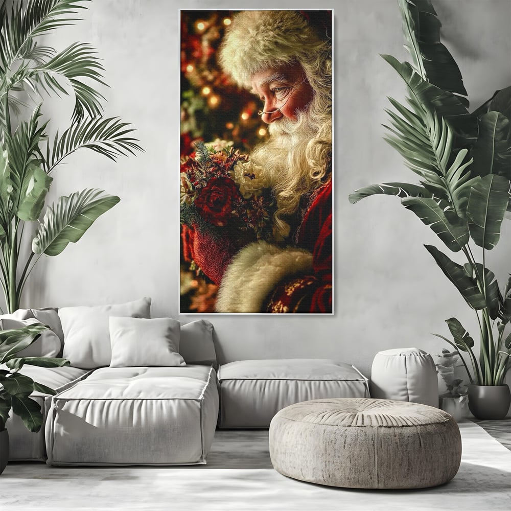 Tablou Canvas Premium, LuxCanva® D1139, Moment de Liniste cu Mos Craciun, Iarna, Ajun, Craciun, Mos, Rosu, Flori, Generozitate, Traditie, Blana, Alb, Barba, Trandafiri, Living, Dormitor