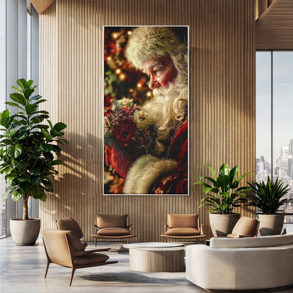 Tablou Canvas Premium, LuxCanva® D1139, Moment de Liniste cu Mos Craciun, Iarna, Ajun, Craciun, Mos, Rosu, Flori, Generozitate, Traditie, Blana, Alb, Barba, Trandafiri, Living, Dormitor