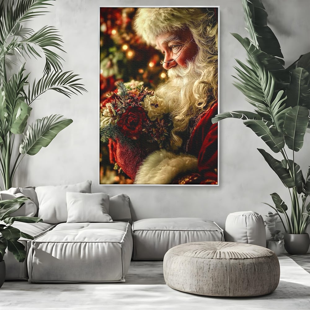Tablou Canvas Premium, LuxCanva® D1139, Moment de Liniste cu Mos Craciun, Iarna, Ajun, Craciun, Mos, Rosu, Flori, Generozitate, Traditie, Blana, Alb, Barba, Trandafiri, Living, Dormitor
