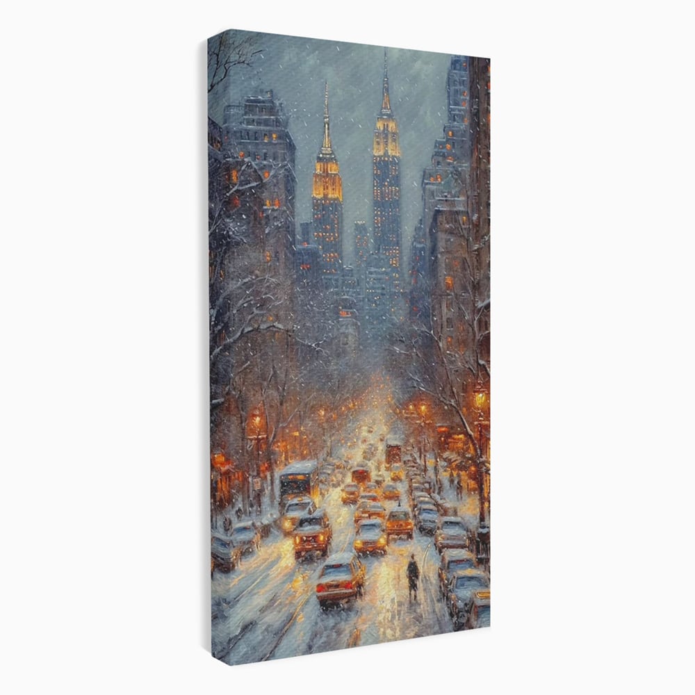 Leinwandbilder Premium, LuxCanva® D1140, Verkehr im Wirbel des Winters, Stadt, hell, Verkehr, Schnee, Boulevard, Autos, überfüllt, Gebäude, verschneit, Ampel, Hektik, Wohnen, Schlafzimmer