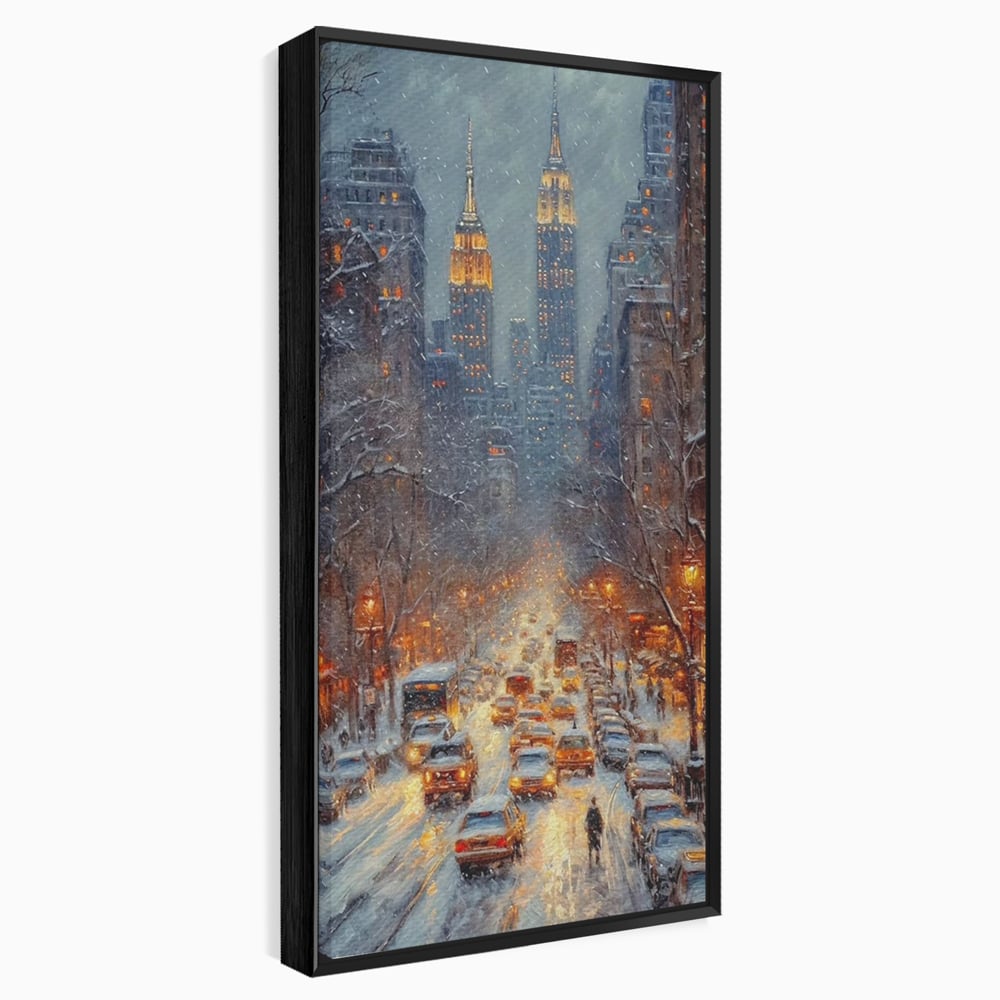 Leinwandbilder Premium, LuxCanva® D1140, Verkehr im Wirbel des Winters, Stadt, hell, Verkehr, Schnee, Boulevard, Autos, überfüllt, Gebäude, verschneit, Ampel, Hektik, Wohnen, Schlafzimmer