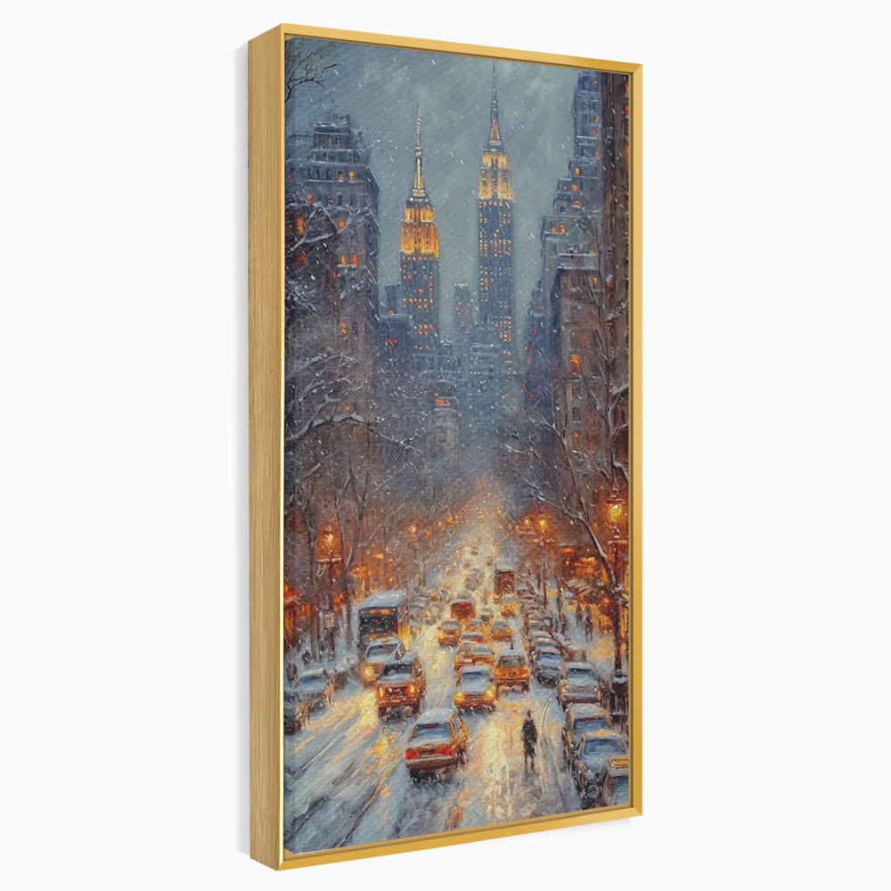 Leinwandbilder Premium, LuxCanva® D1140, Verkehr im Wirbel des Winters, Stadt, hell, Verkehr, Schnee, Boulevard, Autos, überfüllt, Gebäude, verschneit, Ampel, Hektik, Wohnen, Schlafzimmer