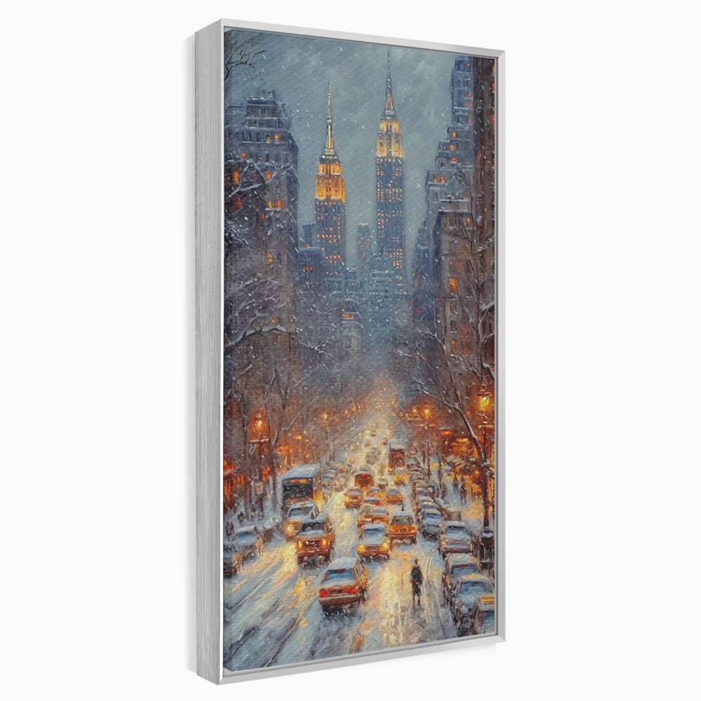 Leinwandbilder Premium, LuxCanva® D1140, Verkehr im Wirbel des Winters, Stadt, hell, Verkehr, Schnee, Boulevard, Autos, überfüllt, Gebäude, verschneit, Ampel, Hektik, Wohnen, Schlafzimmer