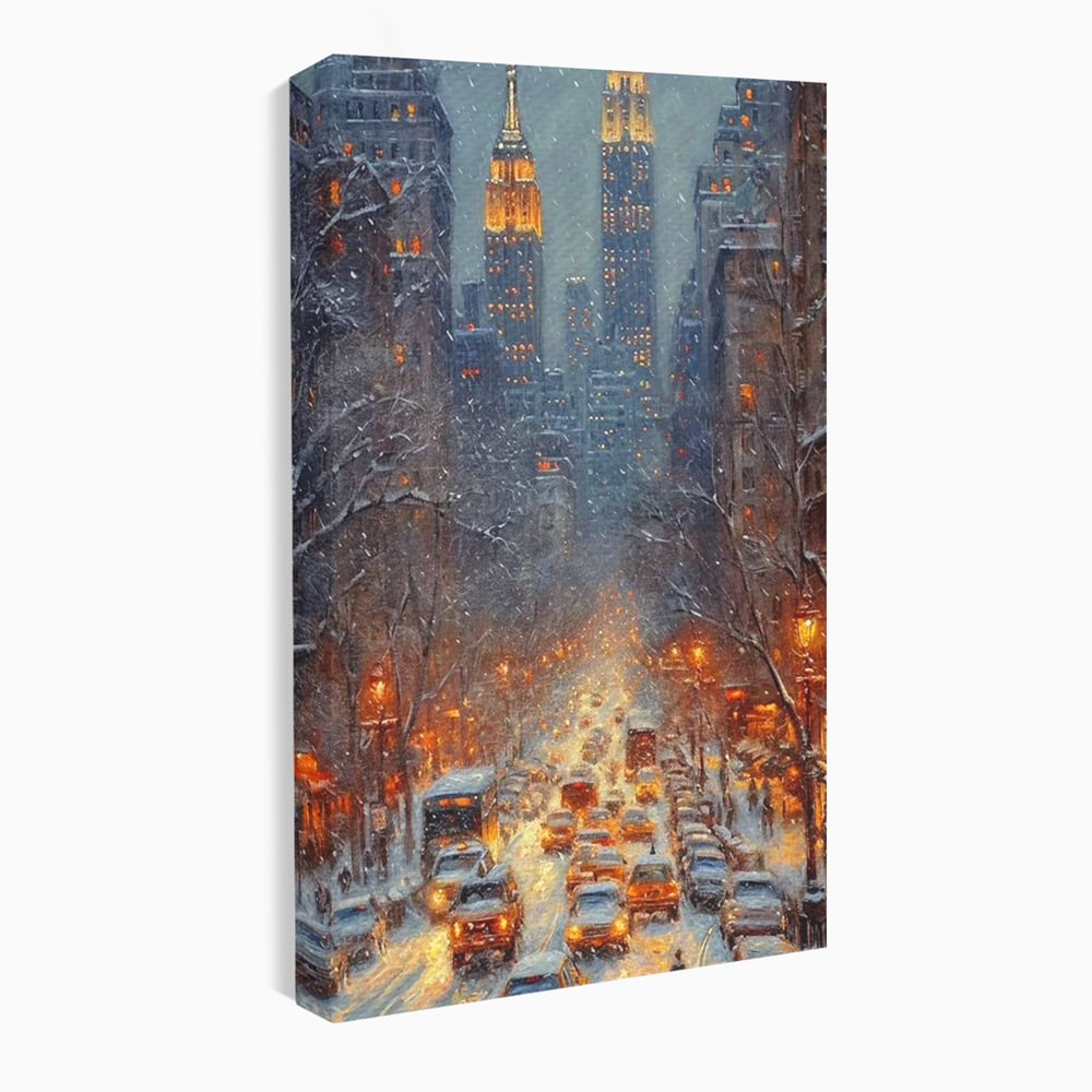 Leinwandbilder Premium, LuxCanva® D1140, Verkehr im Wirbel des Winters, Stadt, hell, Verkehr, Schnee, Boulevard, Autos, überfüllt, Gebäude, verschneit, Ampel, Hektik, Wohnen, Schlafzimmer