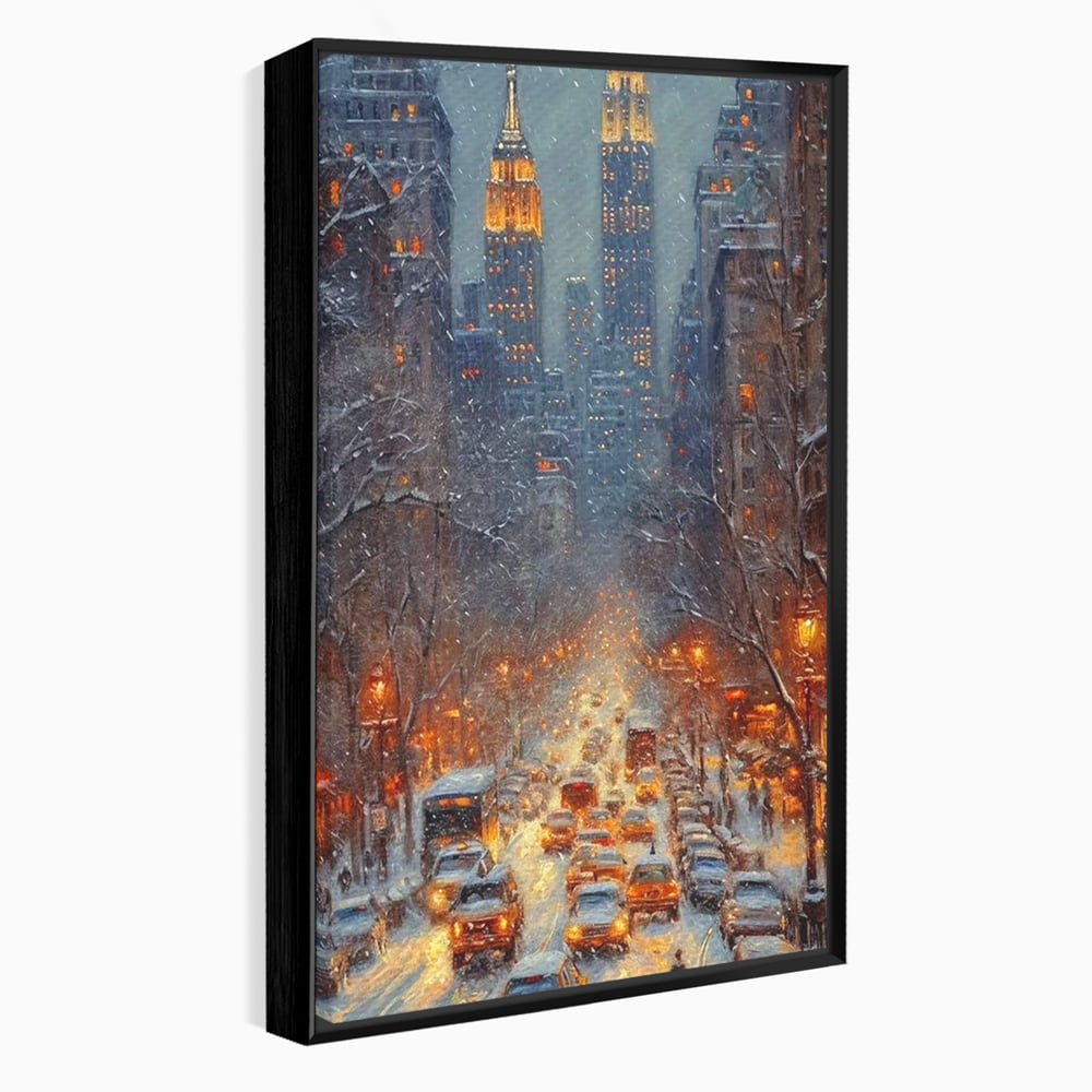 Leinwandbilder Premium, LuxCanva® D1140, Verkehr im Wirbel des Winters, Stadt, hell, Verkehr, Schnee, Boulevard, Autos, überfüllt, Gebäude, verschneit, Ampel, Hektik, Wohnen, Schlafzimmer