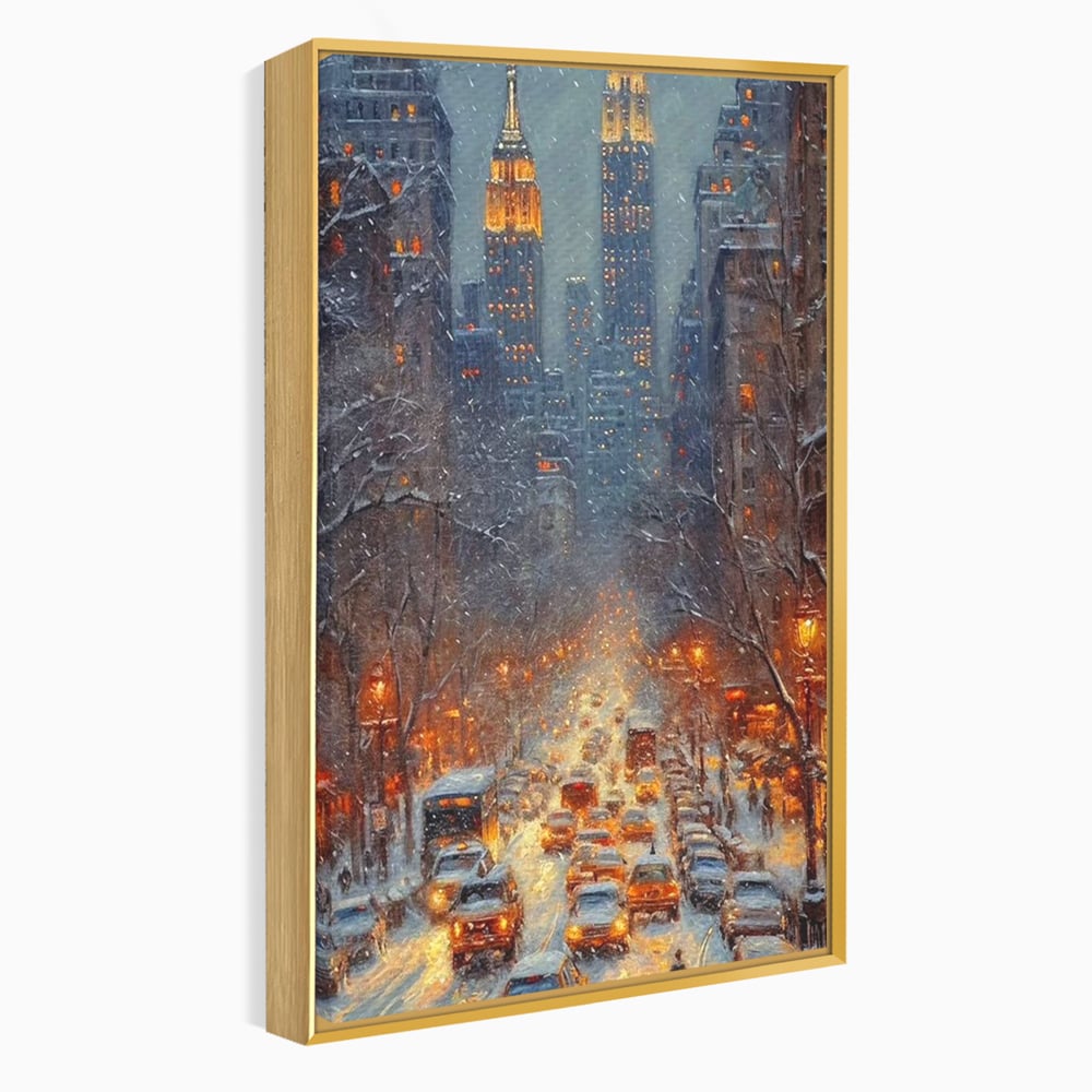 Leinwandbilder Premium, LuxCanva® D1140, Verkehr im Wirbel des Winters, Stadt, hell, Verkehr, Schnee, Boulevard, Autos, überfüllt, Gebäude, verschneit, Ampel, Hektik, Wohnen, Schlafzimmer