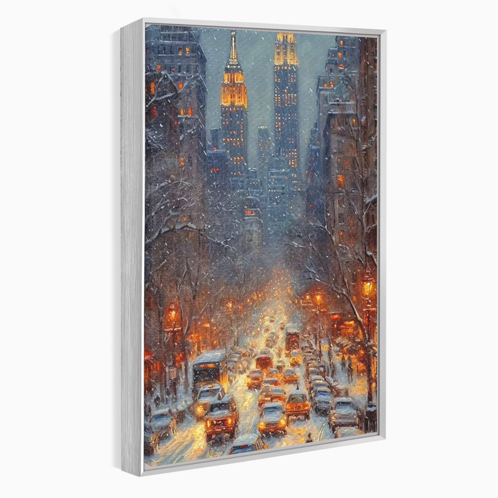 Leinwandbilder Premium, LuxCanva® D1140, Verkehr im Wirbel des Winters, Stadt, hell, Verkehr, Schnee, Boulevard, Autos, überfüllt, Gebäude, verschneit, Ampel, Hektik, Wohnen, Schlafzimmer