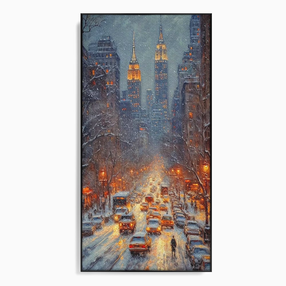 Leinwandbilder Premium, LuxCanva® D1140, Verkehr im Wirbel des Winters, Stadt, hell, Verkehr, Schnee, Boulevard, Autos, überfüllt, Gebäude, verschneit, Ampel, Hektik, Wohnen, Schlafzimmer