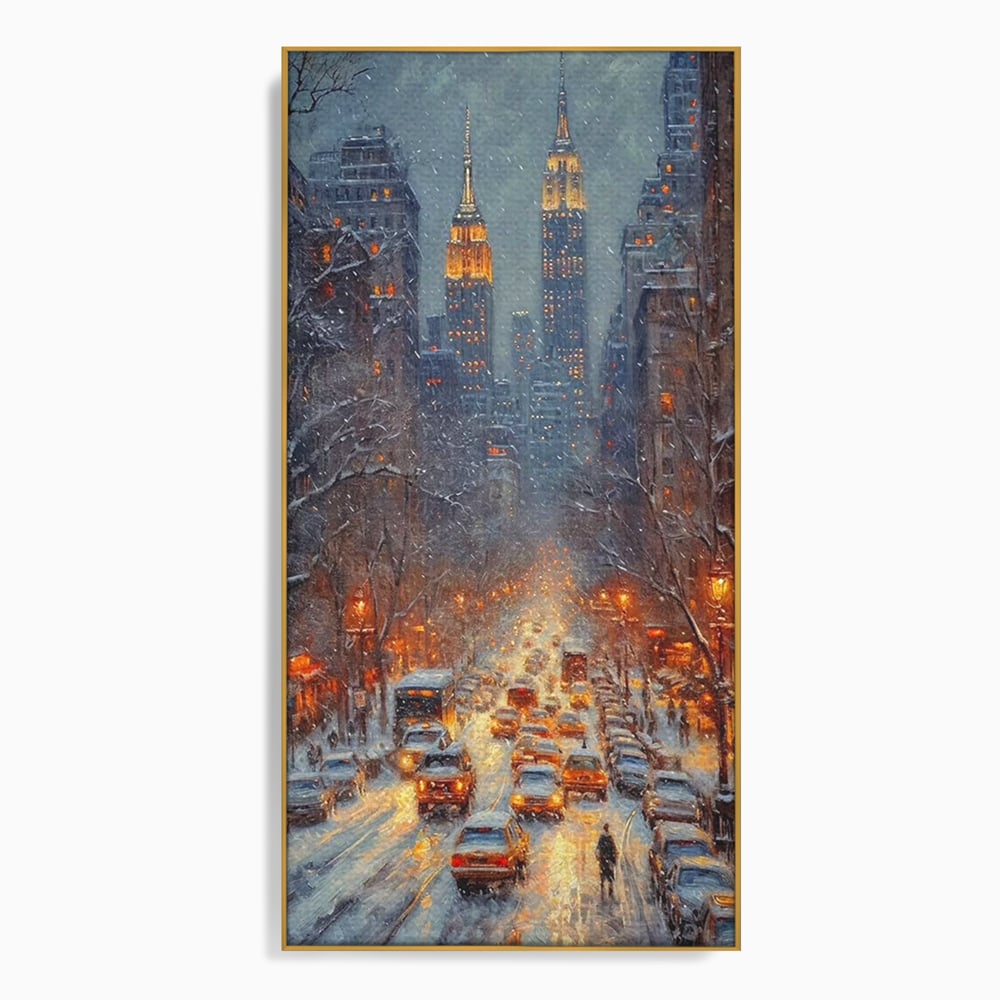 Leinwandbilder Premium, LuxCanva® D1140, Verkehr im Wirbel des Winters, Stadt, hell, Verkehr, Schnee, Boulevard, Autos, überfüllt, Gebäude, verschneit, Ampel, Hektik, Wohnen, Schlafzimmer