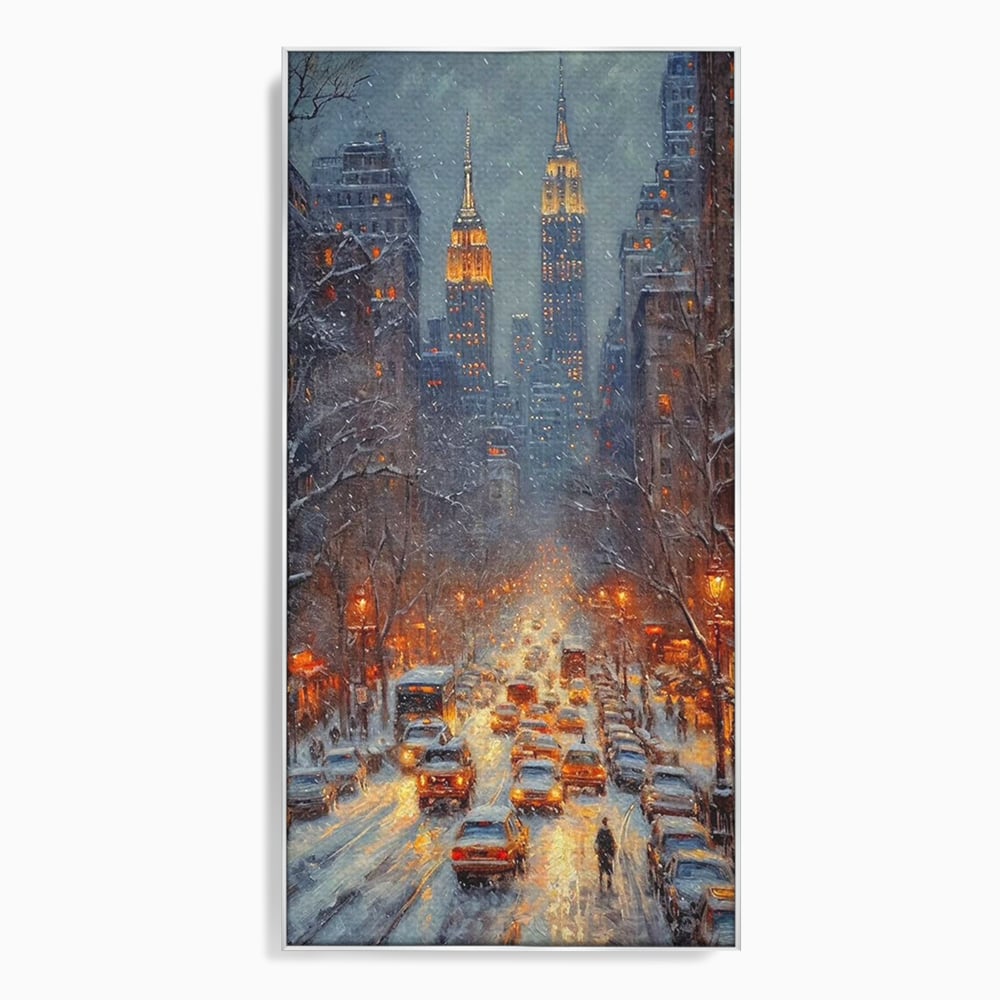 Leinwandbilder Premium, LuxCanva® D1140, Verkehr im Wirbel des Winters, Stadt, hell, Verkehr, Schnee, Boulevard, Autos, überfüllt, Gebäude, verschneit, Ampel, Hektik, Wohnen, Schlafzimmer