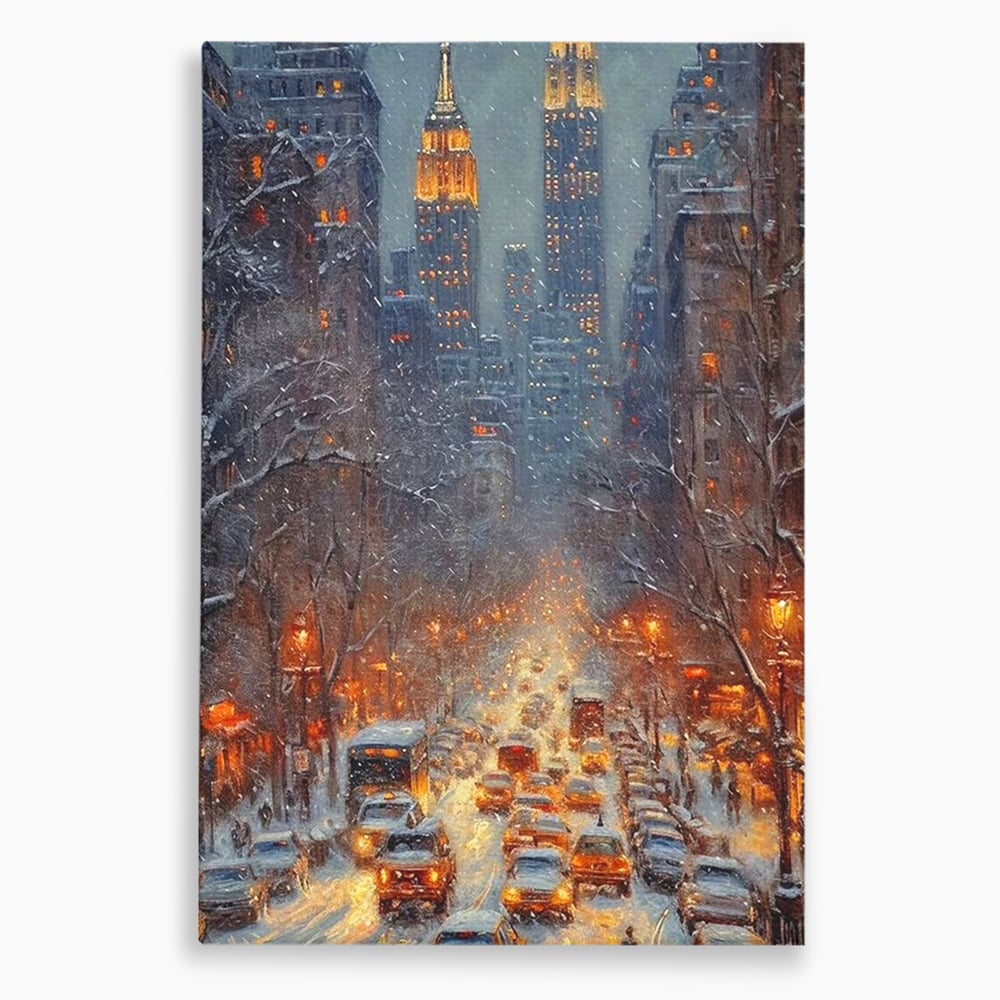 Leinwandbilder Premium, LuxCanva® D1140, Verkehr im Wirbel des Winters, Stadt, hell, Verkehr, Schnee, Boulevard, Autos, überfüllt, Gebäude, verschneit, Ampel, Hektik, Wohnen, Schlafzimmer