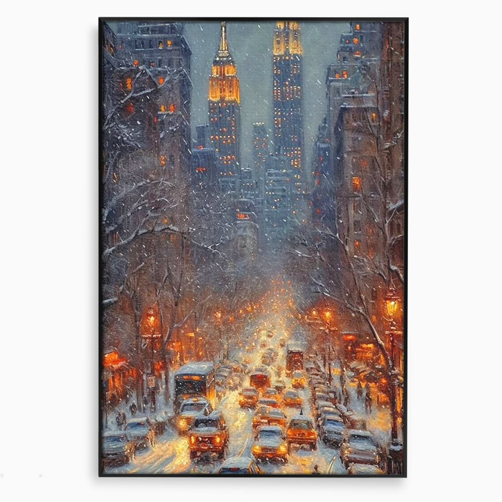 Leinwandbilder Premium, LuxCanva® D1140, Verkehr im Wirbel des Winters, Stadt, hell, Verkehr, Schnee, Boulevard, Autos, überfüllt, Gebäude, verschneit, Ampel, Hektik, Wohnen, Schlafzimmer