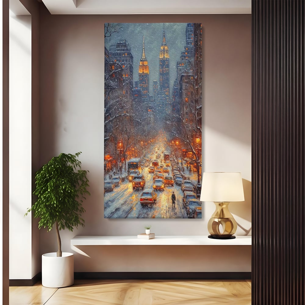 Leinwandbilder Premium, LuxCanva® D1140, Verkehr im Wirbel des Winters, Stadt, hell, Verkehr, Schnee, Boulevard, Autos, überfüllt, Gebäude, verschneit, Ampel, Hektik, Wohnen, Schlafzimmer