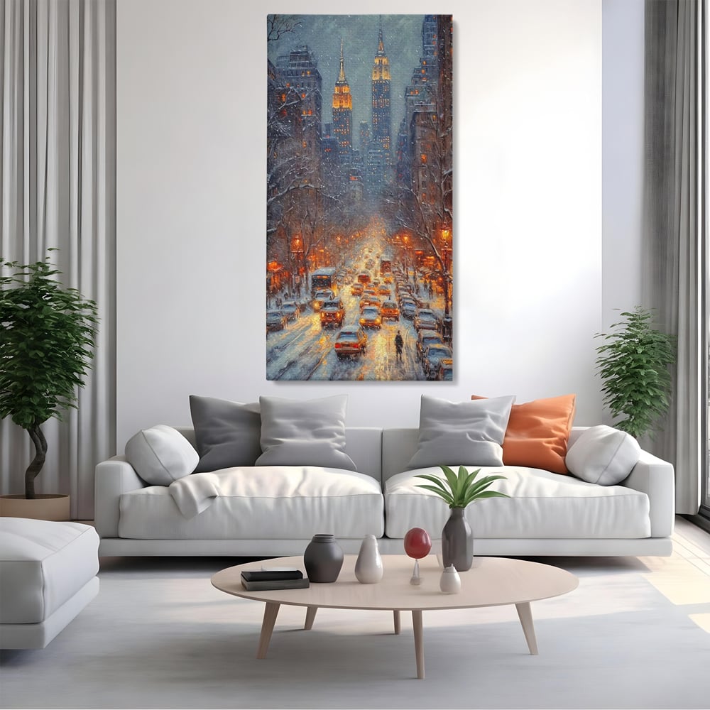 Leinwandbilder Premium, LuxCanva® D1140, Verkehr im Wirbel des Winters, Stadt, hell, Verkehr, Schnee, Boulevard, Autos, überfüllt, Gebäude, verschneit, Ampel, Hektik, Wohnen, Schlafzimmer