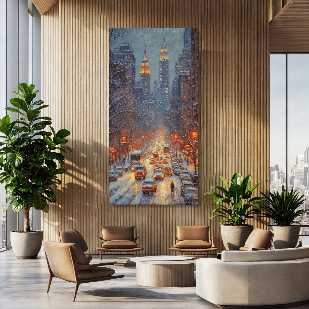 Leinwandbilder Premium, LuxCanva® D1140, Verkehr im Wirbel des Winters, Stadt, hell, Verkehr, Schnee, Boulevard, Autos, überfüllt, Gebäude, verschneit, Ampel, Hektik, Wohnen, Schlafzimmer