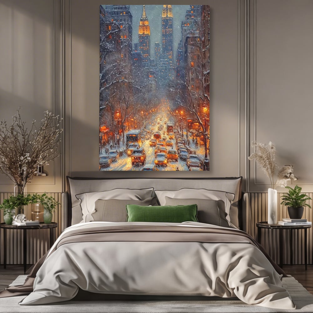 Leinwandbilder Premium, LuxCanva® D1140, Verkehr im Wirbel des Winters, Stadt, hell, Verkehr, Schnee, Boulevard, Autos, überfüllt, Gebäude, verschneit, Ampel, Hektik, Wohnen, Schlafzimmer
