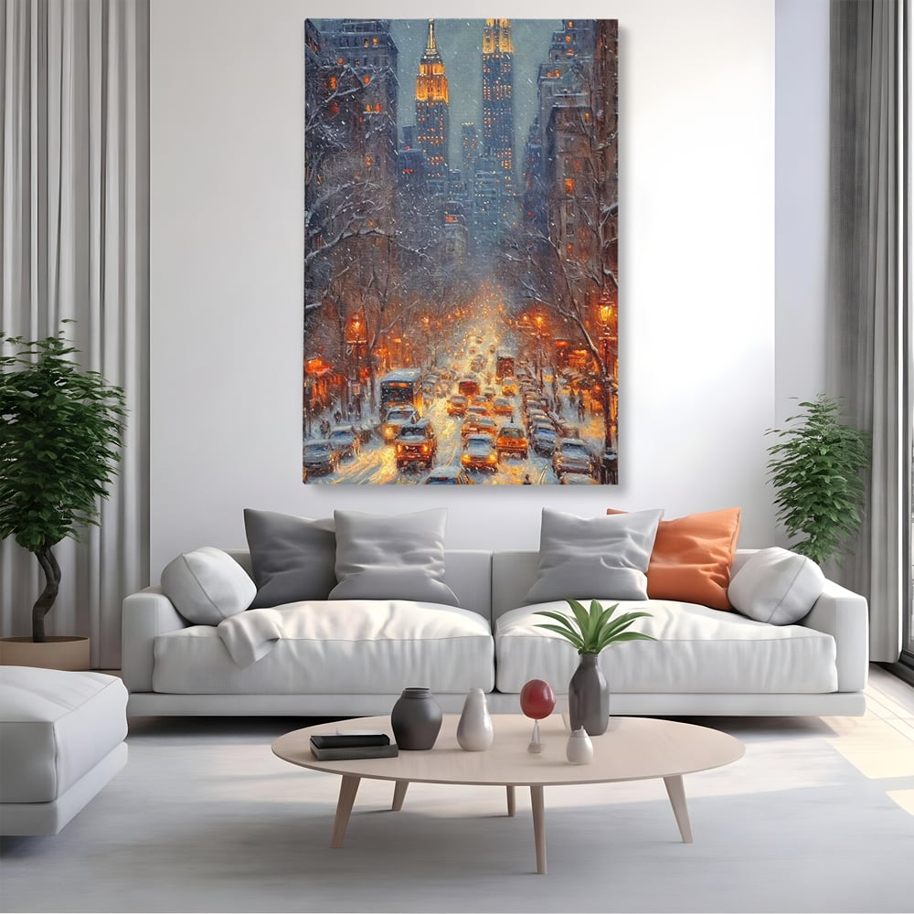 Leinwandbilder Premium, LuxCanva® D1140, Verkehr im Wirbel des Winters, Stadt, hell, Verkehr, Schnee, Boulevard, Autos, überfüllt, Gebäude, verschneit, Ampel, Hektik, Wohnen, Schlafzimmer