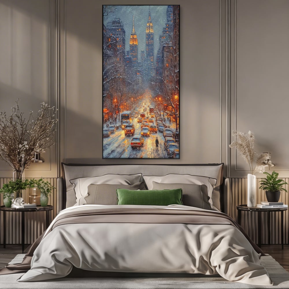 Leinwandbilder Premium, LuxCanva® D1140, Verkehr im Wirbel des Winters, Stadt, hell, Verkehr, Schnee, Boulevard, Autos, überfüllt, Gebäude, verschneit, Ampel, Hektik, Wohnen, Schlafzimmer