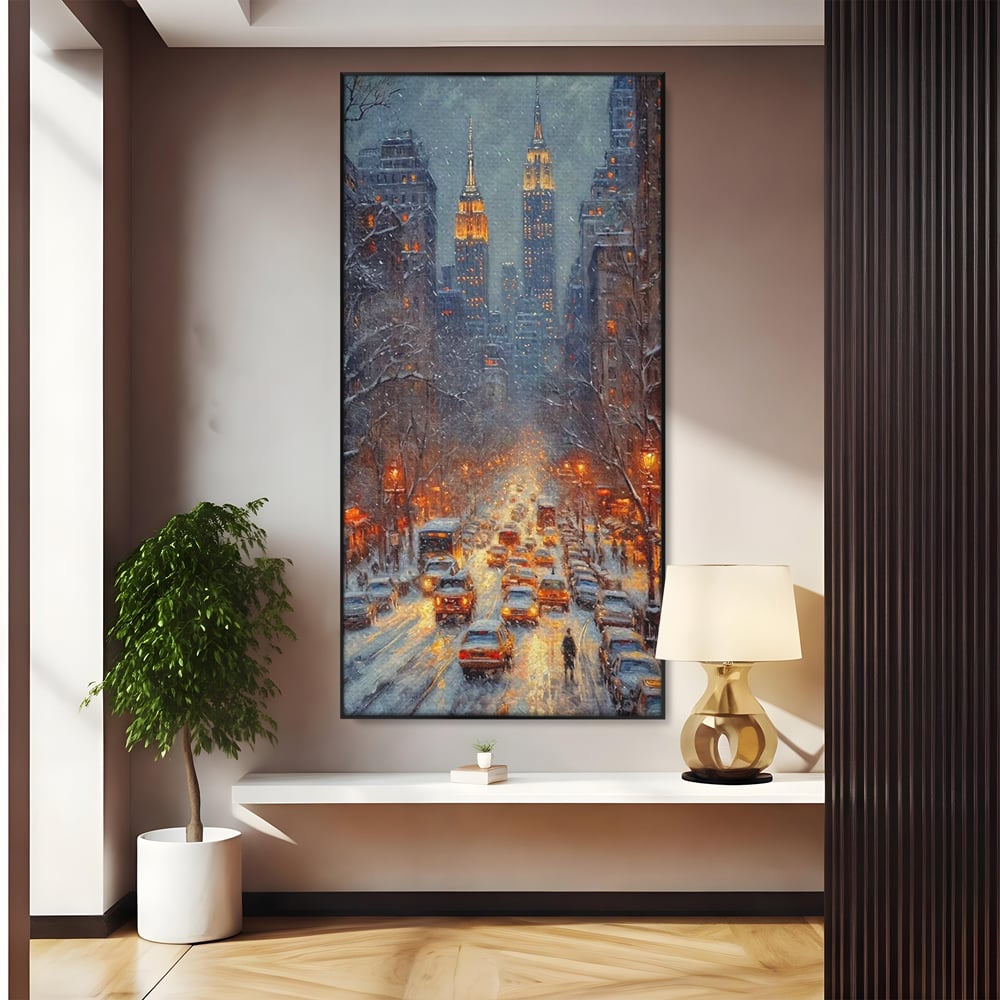 Leinwandbilder Premium, LuxCanva® D1140, Verkehr im Wirbel des Winters, Stadt, hell, Verkehr, Schnee, Boulevard, Autos, überfüllt, Gebäude, verschneit, Ampel, Hektik, Wohnen, Schlafzimmer