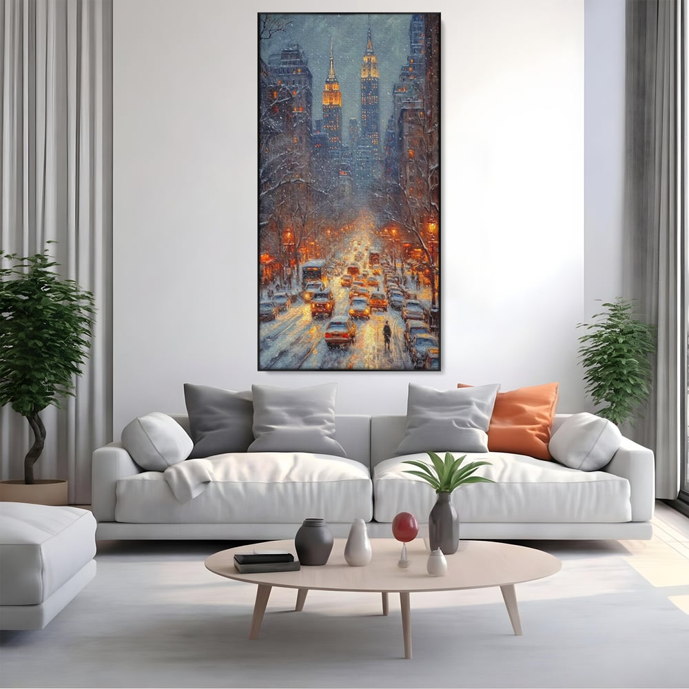Leinwandbilder Premium, LuxCanva® D1140, Verkehr im Wirbel des Winters, Stadt, hell, Verkehr, Schnee, Boulevard, Autos, überfüllt, Gebäude, verschneit, Ampel, Hektik, Wohnen, Schlafzimmer
