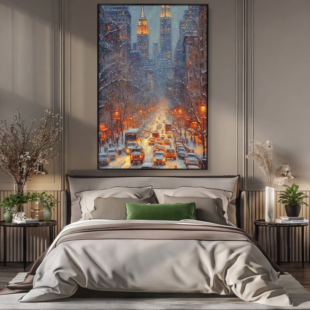 Leinwandbilder Premium, LuxCanva® D1140, Verkehr im Wirbel des Winters, Stadt, hell, Verkehr, Schnee, Boulevard, Autos, überfüllt, Gebäude, verschneit, Ampel, Hektik, Wohnen, Schlafzimmer