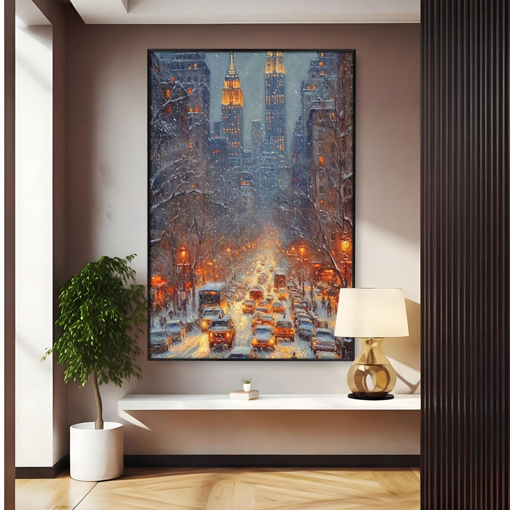 Leinwandbilder Premium, LuxCanva® D1140, Verkehr im Wirbel des Winters, Stadt, hell, Verkehr, Schnee, Boulevard, Autos, überfüllt, Gebäude, verschneit, Ampel, Hektik, Wohnen, Schlafzimmer