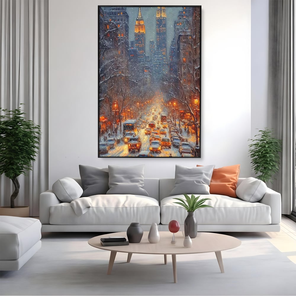 Leinwandbilder Premium, LuxCanva® D1140, Verkehr im Wirbel des Winters, Stadt, hell, Verkehr, Schnee, Boulevard, Autos, überfüllt, Gebäude, verschneit, Ampel, Hektik, Wohnen, Schlafzimmer