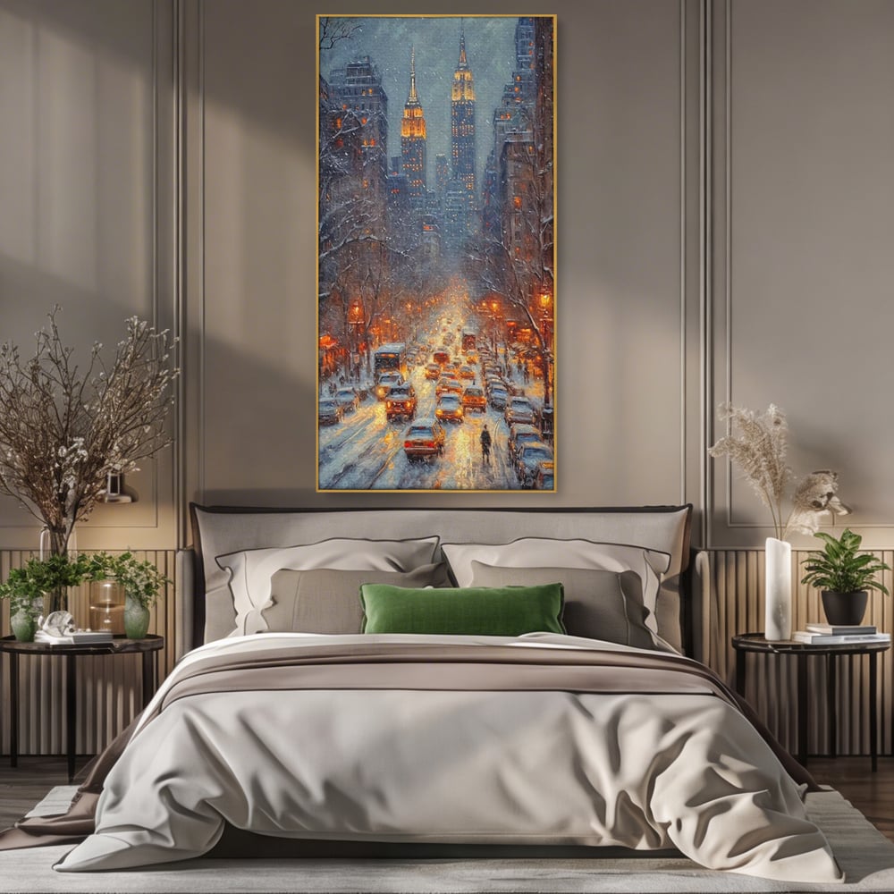Leinwandbilder Premium, LuxCanva® D1140, Verkehr im Wirbel des Winters, Stadt, hell, Verkehr, Schnee, Boulevard, Autos, überfüllt, Gebäude, verschneit, Ampel, Hektik, Wohnen, Schlafzimmer
