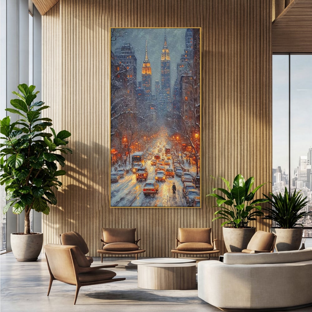Leinwandbilder Premium, LuxCanva® D1140, Verkehr im Wirbel des Winters, Stadt, hell, Verkehr, Schnee, Boulevard, Autos, überfüllt, Gebäude, verschneit, Ampel, Hektik, Wohnen, Schlafzimmer
