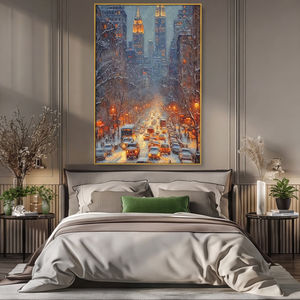 Leinwandbilder Premium, LuxCanva® D1140, Verkehr im Wirbel des Winters, Stadt, hell, Verkehr, Schnee, Boulevard, Autos, überfüllt, Gebäude, verschneit, Ampel, Hektik, Wohnen, Schlafzimmer