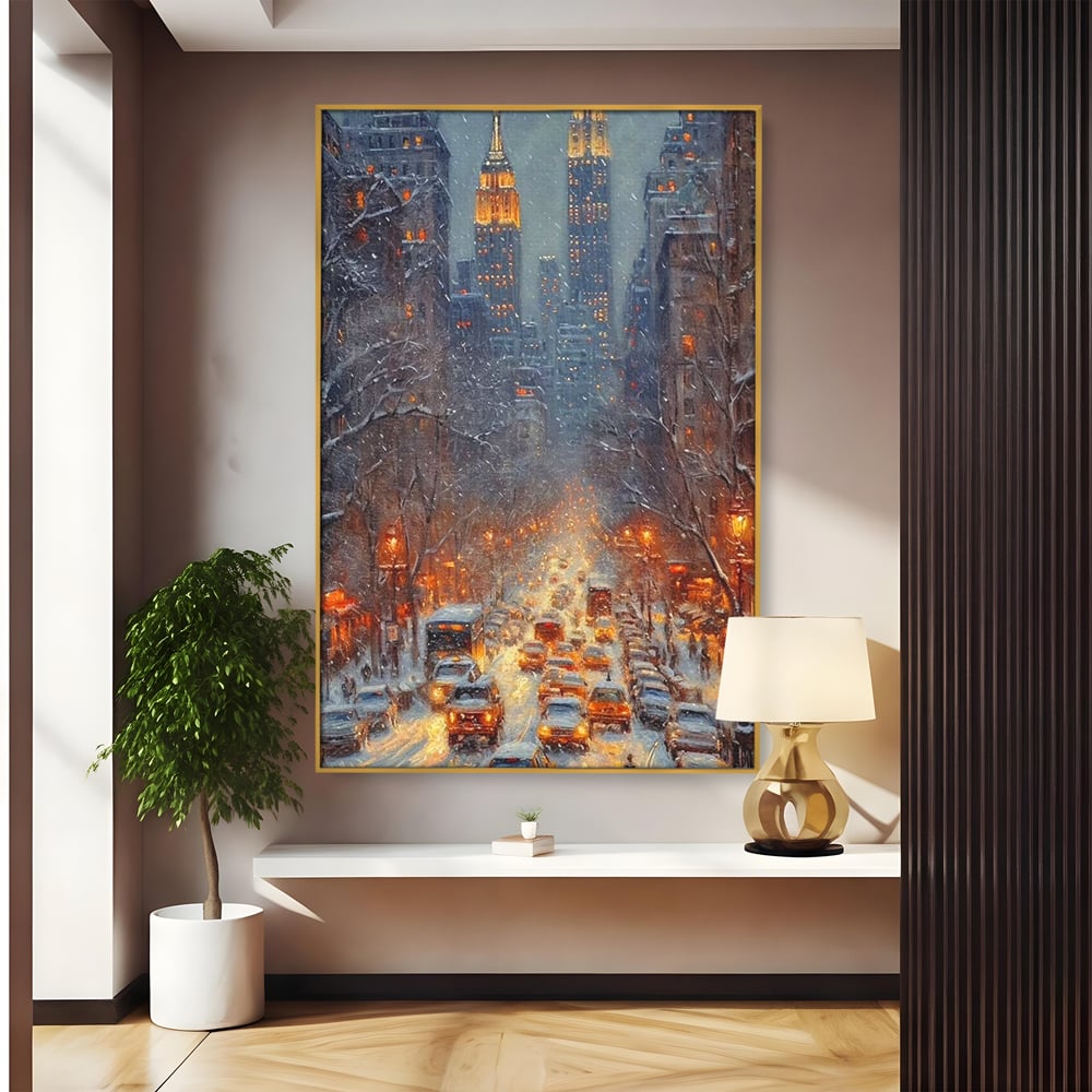 Leinwandbilder Premium, LuxCanva® D1140, Verkehr im Wirbel des Winters, Stadt, hell, Verkehr, Schnee, Boulevard, Autos, überfüllt, Gebäude, verschneit, Ampel, Hektik, Wohnen, Schlafzimmer