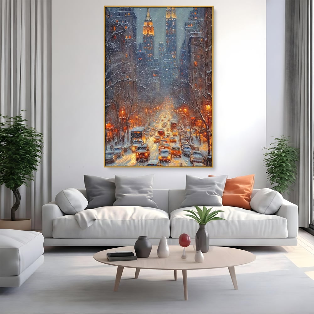 Leinwandbilder Premium, LuxCanva® D1140, Verkehr im Wirbel des Winters, Stadt, hell, Verkehr, Schnee, Boulevard, Autos, überfüllt, Gebäude, verschneit, Ampel, Hektik, Wohnen, Schlafzimmer