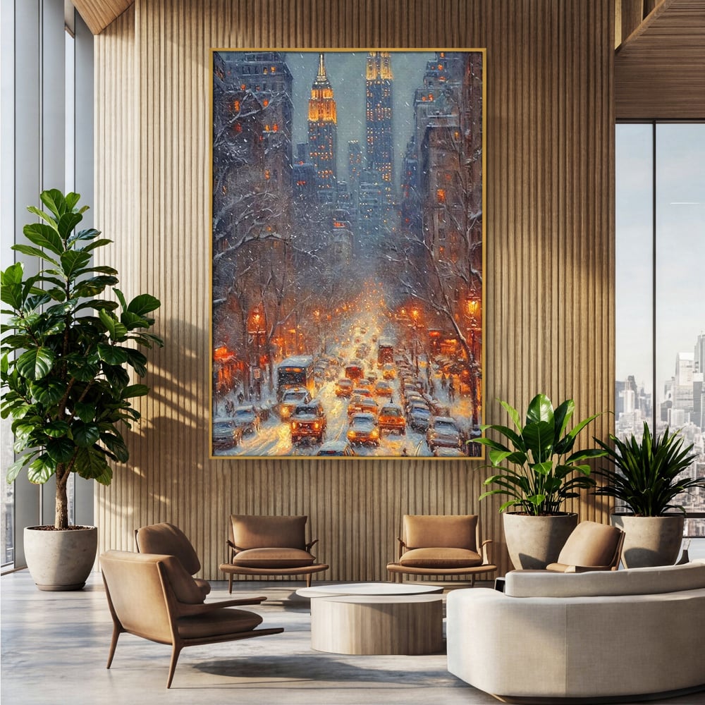 Leinwandbilder Premium, LuxCanva® D1140, Verkehr im Wirbel des Winters, Stadt, hell, Verkehr, Schnee, Boulevard, Autos, überfüllt, Gebäude, verschneit, Ampel, Hektik, Wohnen, Schlafzimmer