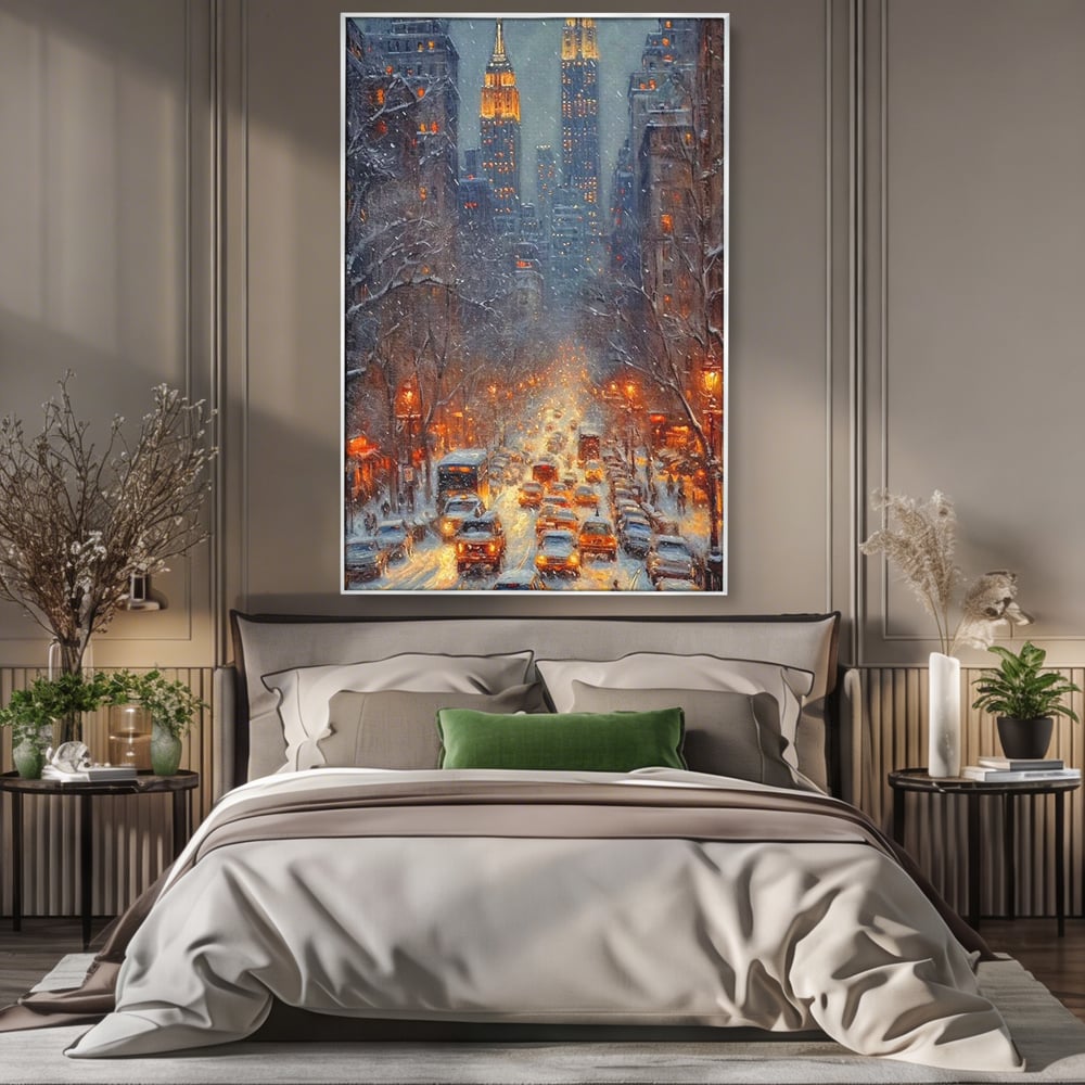 Leinwandbilder Premium, LuxCanva® D1140, Verkehr im Wirbel des Winters, Stadt, hell, Verkehr, Schnee, Boulevard, Autos, überfüllt, Gebäude, verschneit, Ampel, Hektik, Wohnen, Schlafzimmer