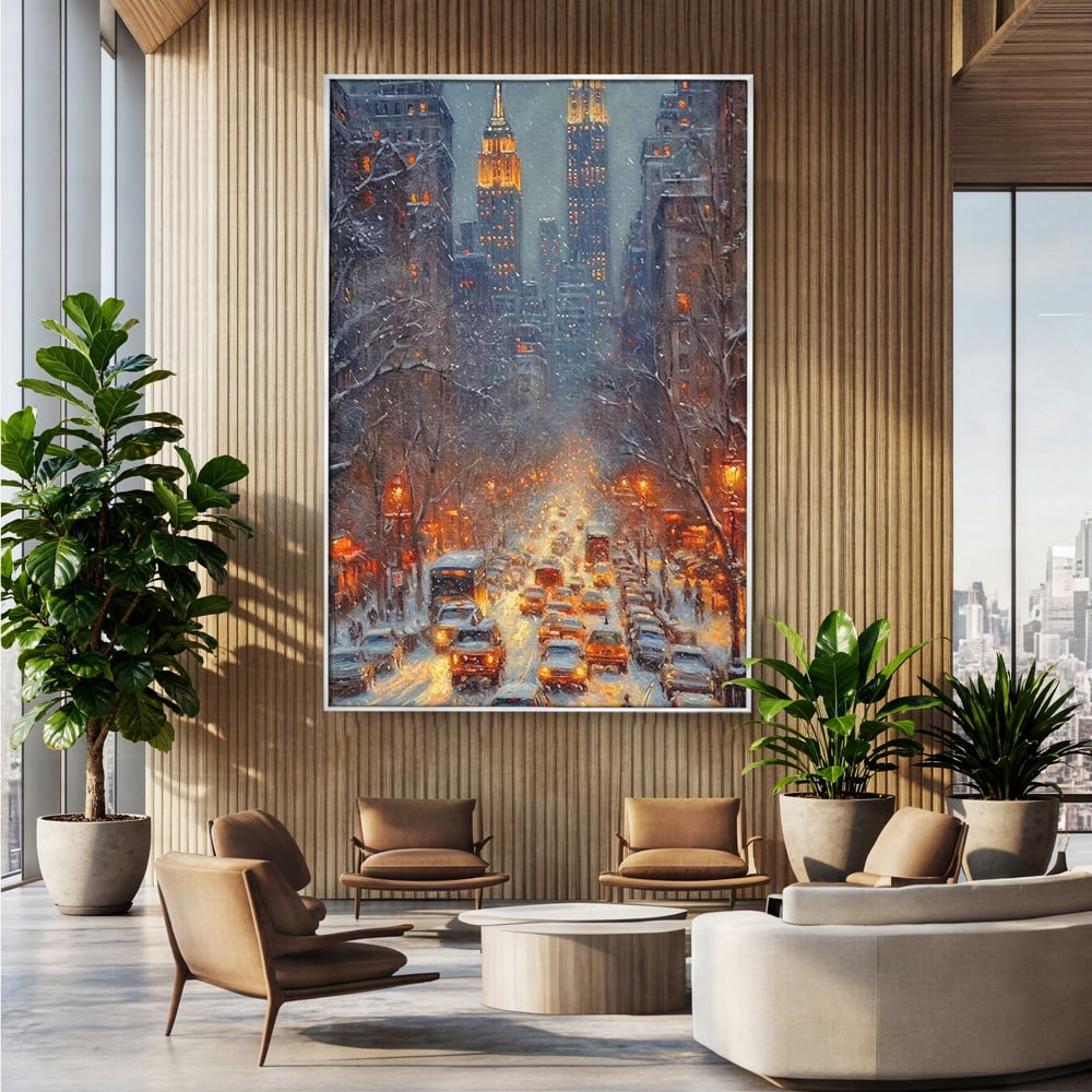 Leinwandbilder Premium, LuxCanva® D1140, Verkehr im Wirbel des Winters, Stadt, hell, Verkehr, Schnee, Boulevard, Autos, überfüllt, Gebäude, verschneit, Ampel, Hektik, Wohnen, Schlafzimmer